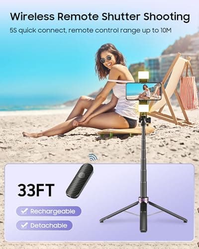 ACKIMA 53'' Selfie Stick Tripod with Light, Enhanced 4-Leg Cell Phone Stand Camera Tripod with Rechargeable Wireless Remote & 2 Fill Light, Portable Selfie Stick Travel Essentials for iPhone Android - Thumbnail 3
