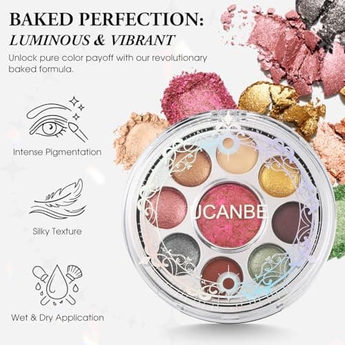 UCANBE Baked Eyeshadow Palette with Blush, 9 Color High Pigment Eye Shadow & Cheek Makeup Palette, Blendable Matte Glitter Metallic Shimmer Shades, Rotating Compact Design, 01 Medieval Banquet - Thumbnail 6