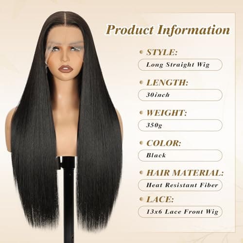 Erqq Synthetic Lace Front Wig 30inch/76cm 13x6 HD Long Black Straight Wigs for Women Pre Plucked Natural Hairline Heat Resistant Synthetic Wig for Daily Use (#1B Natural Black) - Thumbnail 3
