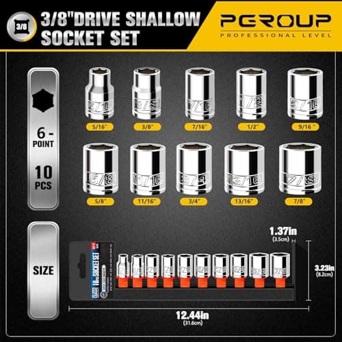 pgroup 10PCS 3/8” Drive Shallow Socket Set, SAE (5/16"-7/8"), 6-Point, Cr-V Steel, Full Polished Chrome Plated Socket With Hanging Bracket, Cover Most Commonly Sizes - Thumbnail 2