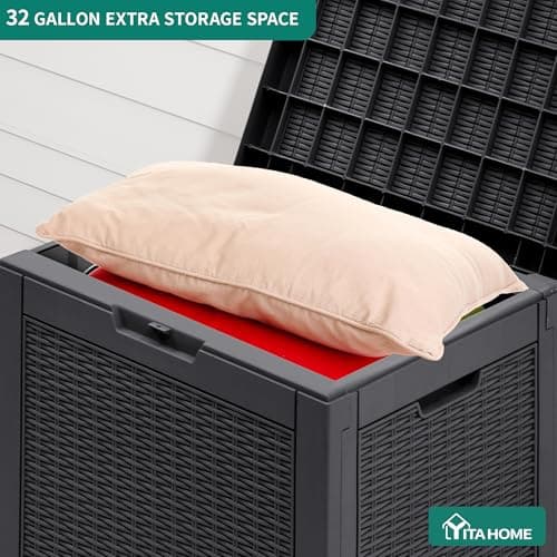YITAHOME 32 Gallon Rattan Deck Box, Indoor Outdoor Storage Box for Patio Furniture, Pool Accessories, Cushions, Garden Tools, Sports Equipment, Waterproof Resin with Lockable Lid & Side Handles, Black - Thumbnail 2