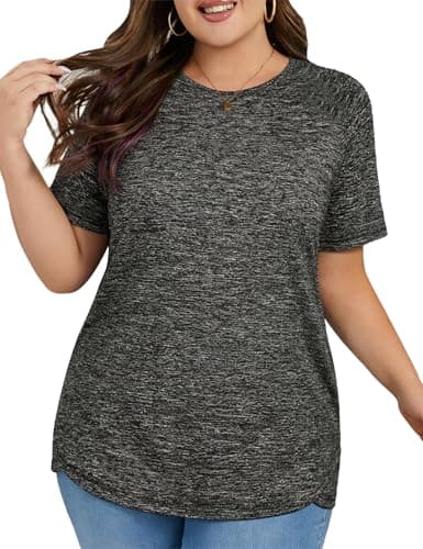 Hithymo Workout Clothes for Women Plus Size, Short Sleeve Gym Tops Loose Fit Tunic Length Crewneck Quick Dry Lightweight Moisture Wicking Breathable Yoga Running Tshirts Dark Grey - Image 1