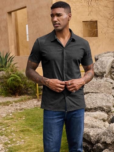 URRU Mens Short Sleeve Dress Shirts Business Casual Button Down Shirts Stretch Wrinkle Free Beach Summer Shirt Black S - Thumbnail 2