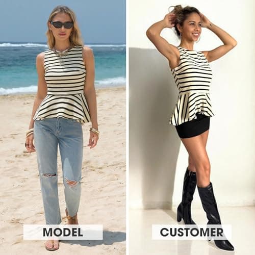 EXLURA Women Summer Tank Tops 97% Cotton Waffle Knit Peplum Top Sleeveless Crewneck Striped Ruffle Hem Business Casual Shirts Apricot Black - Thumbnail 2
