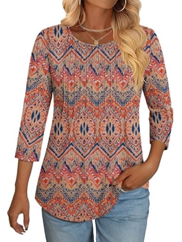 NORACORA 3/4 Length Sleeve Womens Tops Crew Neck Loose Fit Shirts Pleated Cute Clothes Dressy Casual 2026 Summer Tunics Boho XXL - Image 1