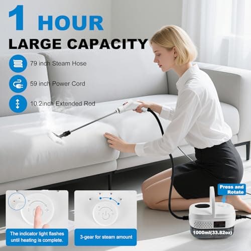 1L Handheld Steam Cleaner for Home and Kitchen Cleaning, 2500W 15s Fast-Heating & 3 Speeds, Portable Steam Cleaner Multi-Surface Deep Cleaning Supplies for Surface, Corner, Crevice (110V, White) - Thumbnail 3