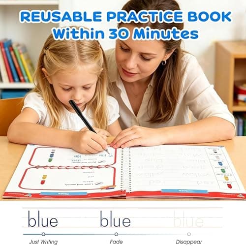 Magic Grooved Handwriting Practice Books for Kids Ages 3-5, Reusable Tracing Book, Preschool Learning Activity, Motor Skills Writing Workbook with Pencil Grips & Magic Ink Pens - Thumbnail 2
