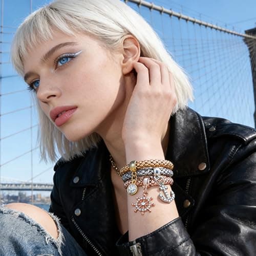 Alegend Three-Color Nautical 14K Bracelet Set - Anchor & Ship Wheel Charms with Crystal Accents - Thumbnail 6