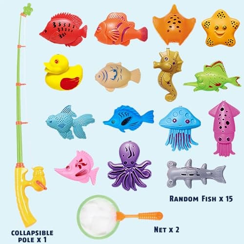 CozyBomB™ Magnetic Fishing Toys Game Set for Kids | Water Table Bathtub Kiddie Pool Party Pole Rod Net, Outdoor Plastic Floating Fish, Toddler Bath Color Ocean Sea Animals Easter Gift Age 3-5 6 4-8 - Thumbnail 2