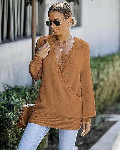 LookbookStore Fall Old Money Sweater for Women Baggy Sweaters V Neck Knit Sweater Top Size XX-Large Size 20 22 - Thumbnail 4