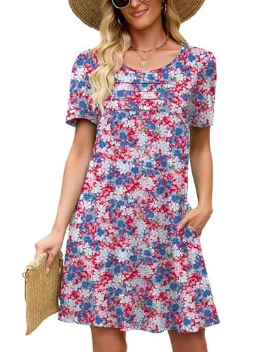 Heymoments Women Short Sleeve Dress Floral Print X-Large Plus Size Crewneck Casual Flowy Above Knee Length Sundress Comfortable Shirt Work Summer Vacation Cheap Dresses with Pockets - Image 1