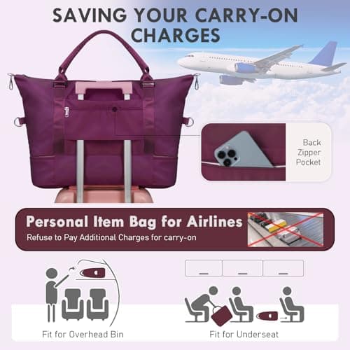 WOOMADA Weekender Overnight Bag for Women, Carry on Shoulder Travel Duffel with Shoes Compartment,Gym Bag with Toiletry Bag(purple) - Thumbnail 6