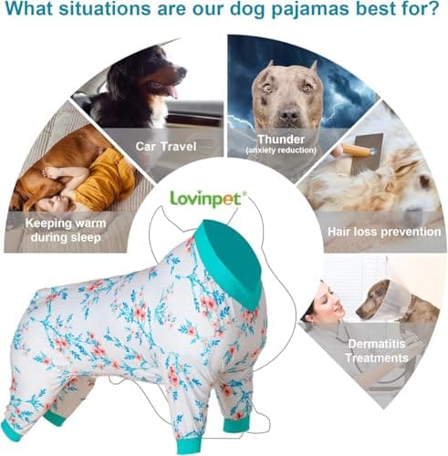 LovinPet Large Big Bodysuit for Dogs - Post Surgery Protection Dog Pjs,4 Legged Coverage Dog Onesie,Stretchable Lightweight, Bubbles and Floral White&Teal Print,Undershirt for Dog Sweaters,Blue Large - Thumbnail 4