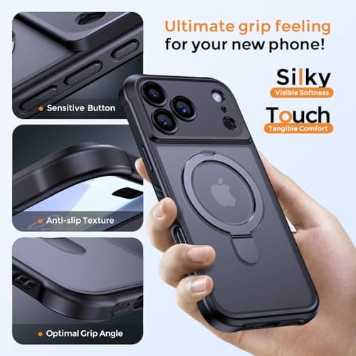 MOCCA Design for iPhone 17 Pro Max Case, Compatible with Magsafe [Premium Invisible Magnetic Ring Stand] [Military Drop Protection] Full Camera Guard Translucent Matte Slim Phone Cover 6.9",Black - Thumbnail 6