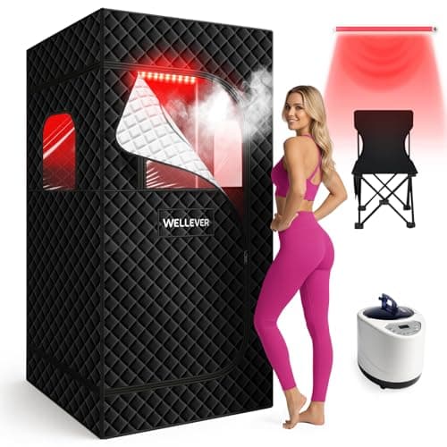 WELLEVER Infrared Home Steam Sauna Box, Portable Personal Full Body Sauna Spa Tent at Home for Relaxation with Red Light Therapy Lamp, 3L Steamer, Folding Chair - Image 1