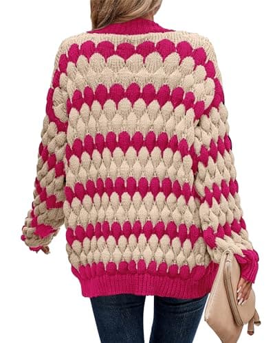 KIRUNDO Womens Cardigans Cute Color Block Stripe Long Sleeve Cardigan Sweaters Crochet Chunky Knit Sweater Outwear Trending Clothes for Women 2026 Hot Pink Outfits(Rose Red, Medium) - Thumbnail 2