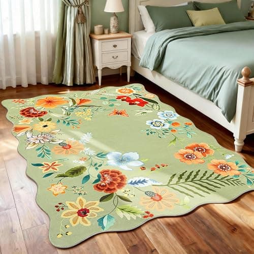 Carvapet 5x7 Scalloped Area Rug, Washable Floral Botanical Low Pile Boho Rugs for Living Room Bedroom Nursery, Non Slip Soft Stain Resistant, Green Indoor Carpet - Image 1
