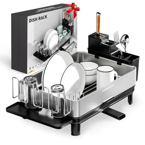 Ewaiira Dish Drying Rack, 304 Stainless Steel Dish Racks for Kitchen Counter, Dish Drainers with Automatic Drainage, Utensil Holder & Cups Holder, Space Saving Kitchen Organizer, Black 16.5''x12.6'' - Image 1