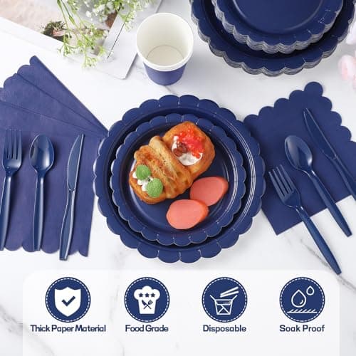 Xiangqu 175 Pcs Navy Blue Plates and Napkins, 25 Guest Navy Blue Party Supplies Inlcudes Scalloped Plates Napkins Cups Plastic Cutlery for Birthday, Wedding, Picnic - Thumbnail 3