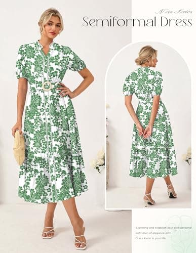 GRACE KARIN Womens Summer Floral Maxi Dress 2026 Casual Puff Short Sleeve Shirt Dress Boho Flowy Dresses with Pockets & Belt White Green Floral XL - Thumbnail 3