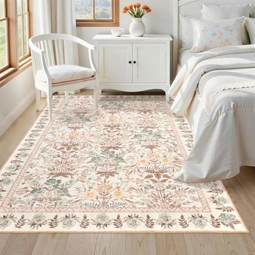 Beige Rugs for Bedroom Girls: Floral 4x6 Washable Area Rug for Nursery Kids Room Living Room Boho Decor - Soft Non-Slip Non-Shedding Carpet - Image 1