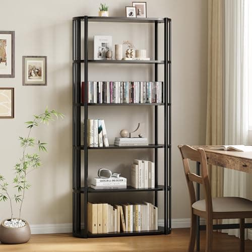 GarveeHome 71" Tall Book Shelf, Freestanding 6-Tier Wood Bookshelf with Sturdy Metal Frame, Modern Industrial Style Display Bookcase for Living Room, Bedroom, Home Office, Black - Image 1