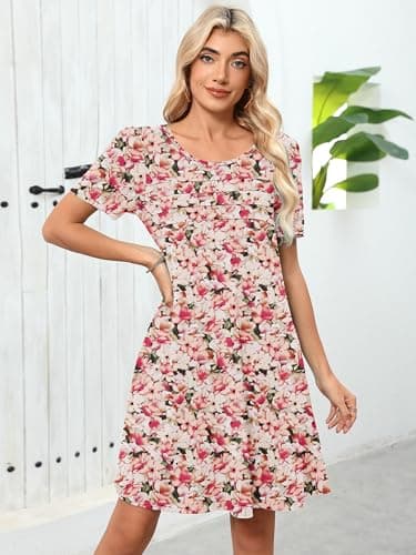 Heymoments Women's Short Sleeve Dress Floral Print Large Crewneck Casual Loose Flowy Above Knee Length Sundress Business A Line Shirt Teachers Summer Novelty Dresses with Pockets - Thumbnail 5