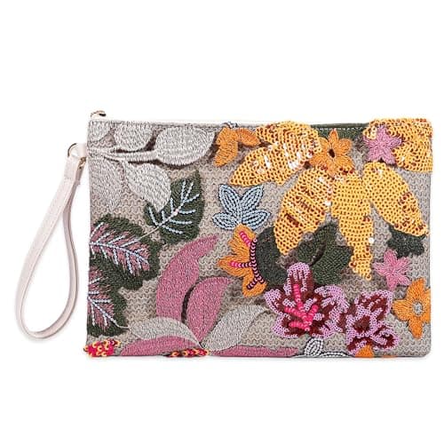 EGOUE Clutch Purses for Women, Embroidered Floral Clutch Bag with Leather Wrist Strap for Daily Travel, Parties & Wedding - Image 1