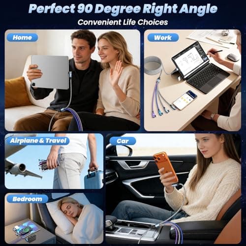 90 Degree Phone Charger, 4 in 2 Multi Charging Cable, USB C CarPlay Cord Charger Cables with Dual Type-C, Micro USB, IP Port, Nylon USBC Cord Right Angle Compatible with Phone17/16/15, Android, 5FT - Thumbnail 5