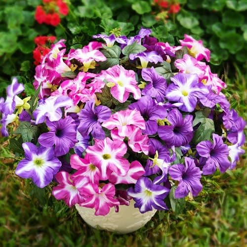 Vemander Artificial Fake Flowers Plants for Outdoor Decoration, 4PCS Faux Petunias Silk Flower UV Resistant No Fade for Home Outside Garden Balcony Yard Porch Realistic Indoor Decor (Pink/Purple) - Image 1