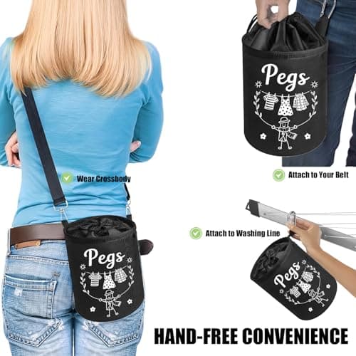 Clothes Pin Hanging Bag Outside with Hooks, Closing Cord and Shoulder Strap, Waterproof Clothespin Bag Holder Multiple Hanging Methods for Clothesline Laundry Peg Clip Organizer Outdoor Storage Use - Thumbnail 3