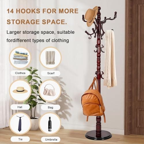 Daisdoer Solid Wood Coat Rack, Free Standing Hall Coat Tree with 14 Hooks, 3 Height Options, 300lbs Load, Stury Base, Clothes Rack for Entryway, Hallway, Bedroom (Disc Base - Rosewood) - Thumbnail 3
