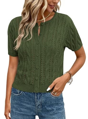 MASCOMODA Women Summer Cable Knit Crochet Cardigan Sweaters Casual Button Short Sleeve Sweater Cute Beach Hollow Out Knit Top(Army Green,X-Large) - Image 1