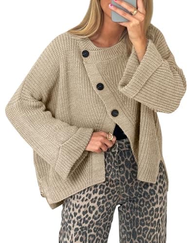 Balimtoy Womens Chunky Cardigan Sweaters Long Sleeve Crewneck Button Down Loose Pullover Sweater Casual Fall Outwear Taupe L - Image 1