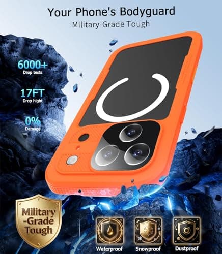 HECLETSO for iPhone 17 Pro Max Case - Compatible with MagSafe - IP68 Waterproof & Dustproof, 10FT Military-Grade Drop Proof - Built-in Screen Protector & Full-Body Rugged Cover, 6.9 Inch - Orange - Thumbnail 2