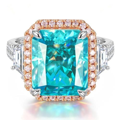 Moissa Sunset Glow 8CT Lab Zircon 14K White Gold Plated Silver Rings for Women, Statement Cocktail Ring for Party Engagement Promise Wedding Anniversary Birthday, Jewelry Gift for Wife Mom Grandma - Vivid Blue Radiant Cut Halo Ring - Image 1