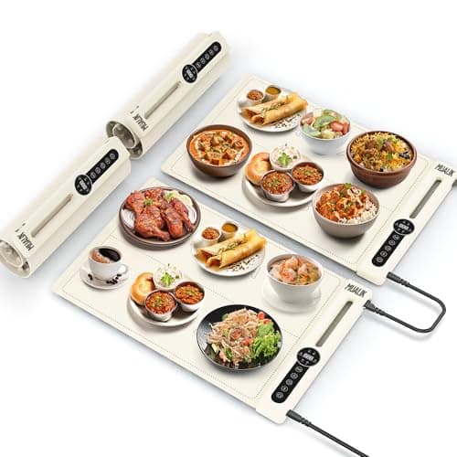 MUALIK Warming Mats for Food Countertop, Roll-UP 2 Pack Fast Heating Tray Silicone with 7 Level Temperature, 2 Zone and 3 Pad Parallel Expandable, Automatic On-Off Timer Setting (Beige-2 pcs, wcb2) - Image 1