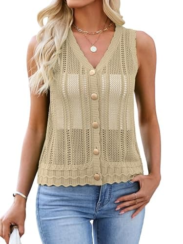 Bellcoco Womens Crochet V Neck Sweater Vest Hollow Out Summer Sleeveless Tops Knit Spring Cardigans Button Down Tank Top Apricot S - Image 1