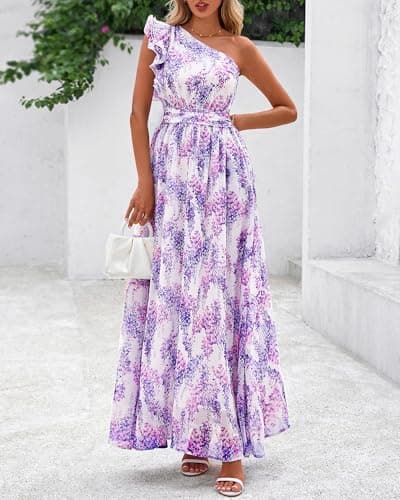 BTFBM Women Summer One Shoulder Floral Wedding Guest Dresses Sleeveless Smocked Ruffle Flowy Beach Vacation Maxi Dress(Floral Purple, X-Large) - Thumbnail 2