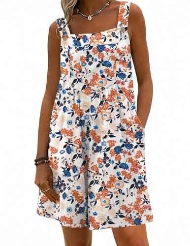 Ekouaer Rompers for Women Floral Overalls Short Jumpsuit Boho Vacation Outfits Travel Clothes Floral Orange M - Image 1