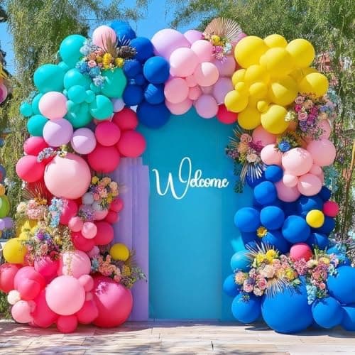 Hot Pink Blue Yellow Balloon Garland, Double Stuffed Royal Blue Teal Lavender Balloons Pastel Balloon Arch Kit for Tropical Hawaii Kid Magic Baby Shower Birthday Engagement Party Decorations - Image 1