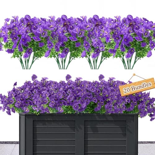 idredn Artificial Flowers for Outdoors Decoration,20 Bundles Fake Morning Glory Petunias for Outside Artificial Faux Plants for Home Porch Patio Balcony Planter Yard Garden Dark Purple Light Purple - Image 1