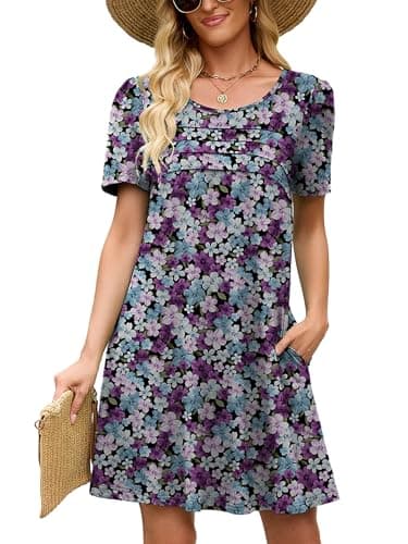 Heymoments Women Short Sleeve Dress Floral Print Medium Crew Neck Casual Flowy Cute Above Knee Sundress Comfy Shirt Teachers Summer Travel 2026 Novelty Dresses with Pockets - Image 1
