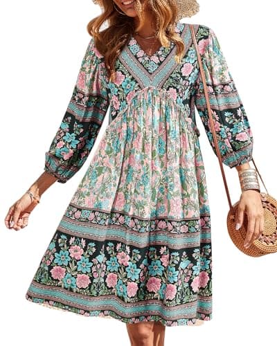 BTFBM Womens Summer Dresses 2026 Casual V Neck 3/4 Long Sleeve Ruffle Floral Flowy Boho Babydoll Mini Spring Beach Dress(Floral Apricot, Medium) - Image 1
