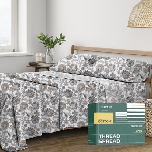 THREAD SPREAD 100% Organic Cotton Sheets King Size - Organic Cotton Percale Weave Sheet Set (4 PC, Floral Ivory), Soft, Cooling, Crisp & Breathable, 16" Deep Pocket Hotel Quality Bedding Set - Image 1