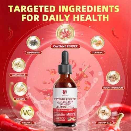 Cayenne Pepper Drops, 8-in-1 Complex - Elderberry, Turmeric Curcumin, Astragalus, Ginseng, Vitamin C & B12, Organic Liquid Supplement, Fast Absorbing Berry Flavor, 2 FL OZ – Daily Wellness Support - Thumbnail 3