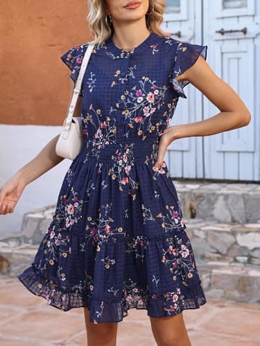 Caracilia Women Summer Casual Floral Flutter Short Sleeve A-Line Flowy Lined Boho Wedding Guest Tea Party Vacation Dresses Floral Navy Blue Large - Thumbnail 5