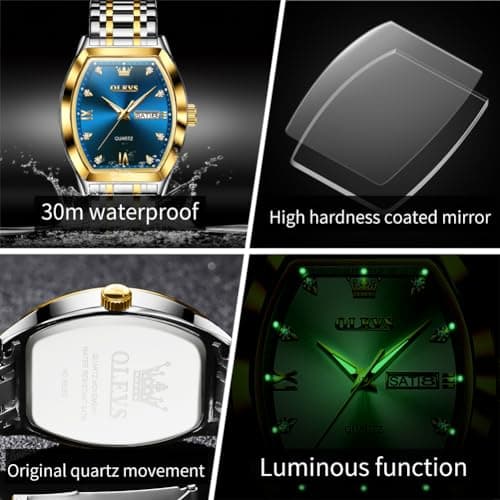 OLEVS Watches for Men Square Blue Face Silver and Gold Stainless Steel Dress Man Watch Luxury Two Toned Waterproof Wrist Watch Relojes para Hombres - Thumbnail 5