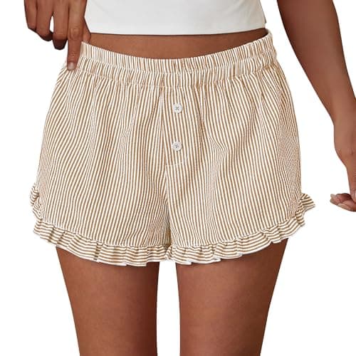 PRETTYGARDEN Womens Boxer Shorts Y2K Ruffle Pajama 2026 Summer Spring Lounge Sleep Striped Casual Beach Pj Bottoms Pockets (Striped Brown,XX-Large) - Image 1