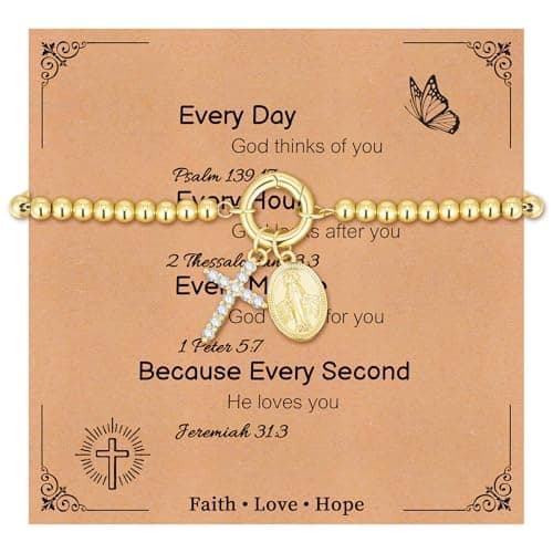 Womens Gold Beaded Cross Bracelet - 14k Gold Plated Virgin Mary Bracelets,Non Tarnish Religious Rosarios Catolicos Virgen de Guadalupe Cross Jewelry,Catholic Confirmation Baptism Gifts for Woman - Image 1